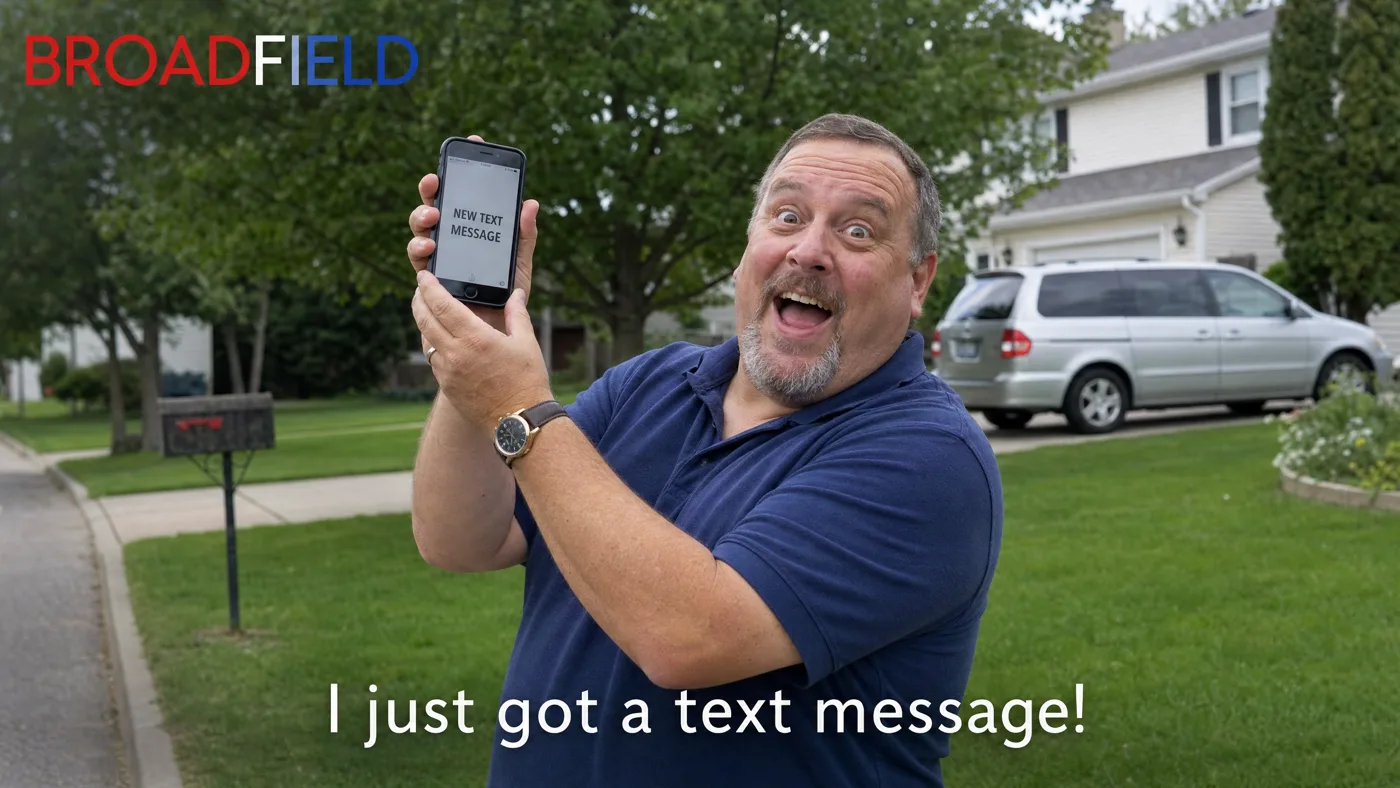 Broadfield ad: a man excited about a text message
